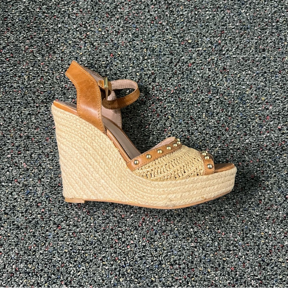VINCE CAMUTO Neutral Brown & Cream Straw Open-Toe Stud Espadrilles Wedges Shoes - Picture 3 of 16